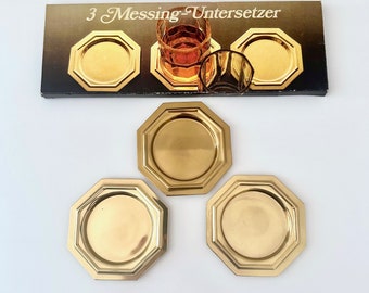 3 brass coasters, glass coasters, mid century bar