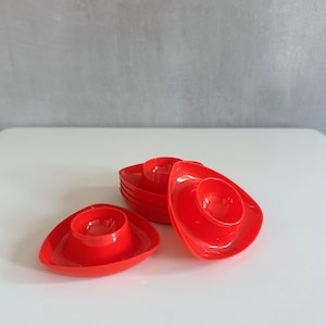 Vintage egg cups, set of 6, plastic, light red, stackable, retro kitchen, 70s Germany