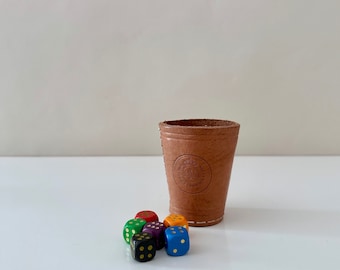 Vintage dice cup leather, puzzle cup with advertising