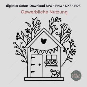 Gartenhaus mit floralem Hintergrund, handgemalte Plotterdatei, Download für Plotter, Druck oder Laser, Ausmalbild, SVG, DXF, PNG