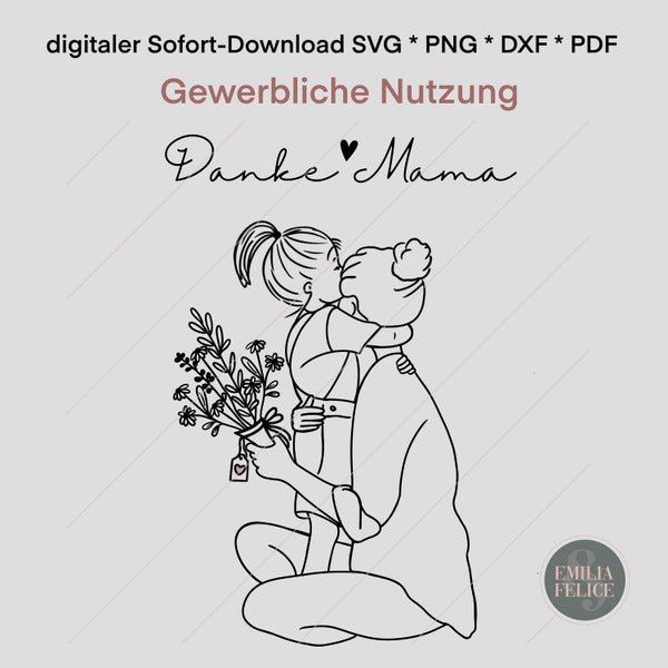 Datei „Danke Mama“ kleines Mädchen, Laserdatei Datei Deko Download Plotten *gewerbliche Nutzung* svg, png, dxf, pdf