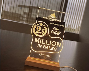 Customized Acrylic Trophy with Wood LED Base and Battery Pack| 7" Custom LED Award | Custom LED Plaque Award | Corporate Award