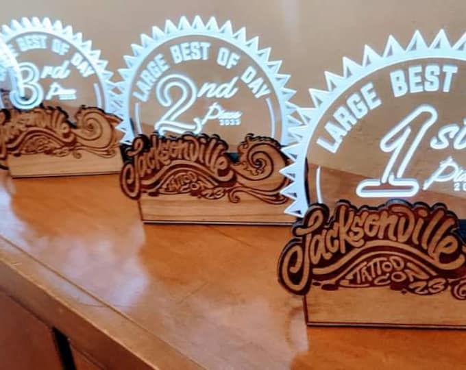 Featured listing image: Unique LED Plaque on Wood Base | Customized Acrylic Panel with Handcrafted and Engraved Base