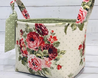 Shabby Chic Floral Fabric Basket, Pink Rose Storage Bin, Cottagecore