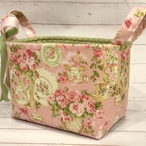 Shabby chic, cottage decor,  dusty pink fabric basket/bin , teapots and china, home decor, storage, gift basket
