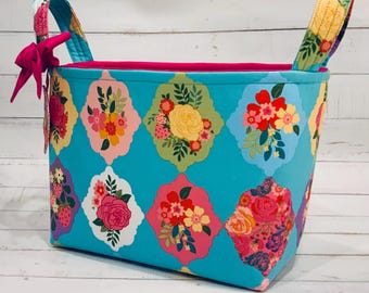 Teal Floral Fabric Storage Basket, Strawberry Flower Organizer Bin
