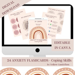 24 plantillas Canva de tarjetas flash de habilidades para afrontar la ansiedad, tarjetas de habilidades para afrontar la ansiedad, tarjetas de declaración para afrontar la ansiedad, plantillas de salud mental
