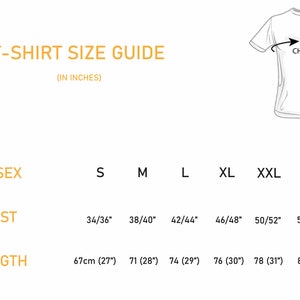 Puede incluir: Gu&iacute;a de tallas de camiseta con medidas en pulgadas y cent&iacute;metros. La tabla muestra las medidas de pecho y longitud para las tallas S, M, L, XL, XXL y 3XL.