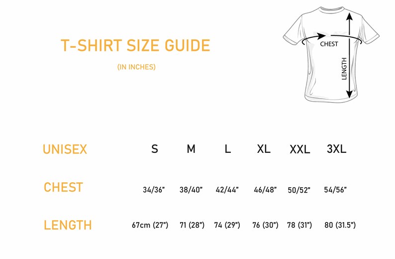 Puede incluir: Gu&iacute;a de tallas de camiseta con medidas en pulgadas y cent&iacute;metros. La tabla muestra las medidas de pecho y longitud para las tallas S, M, L, XL, XXL y 3XL.