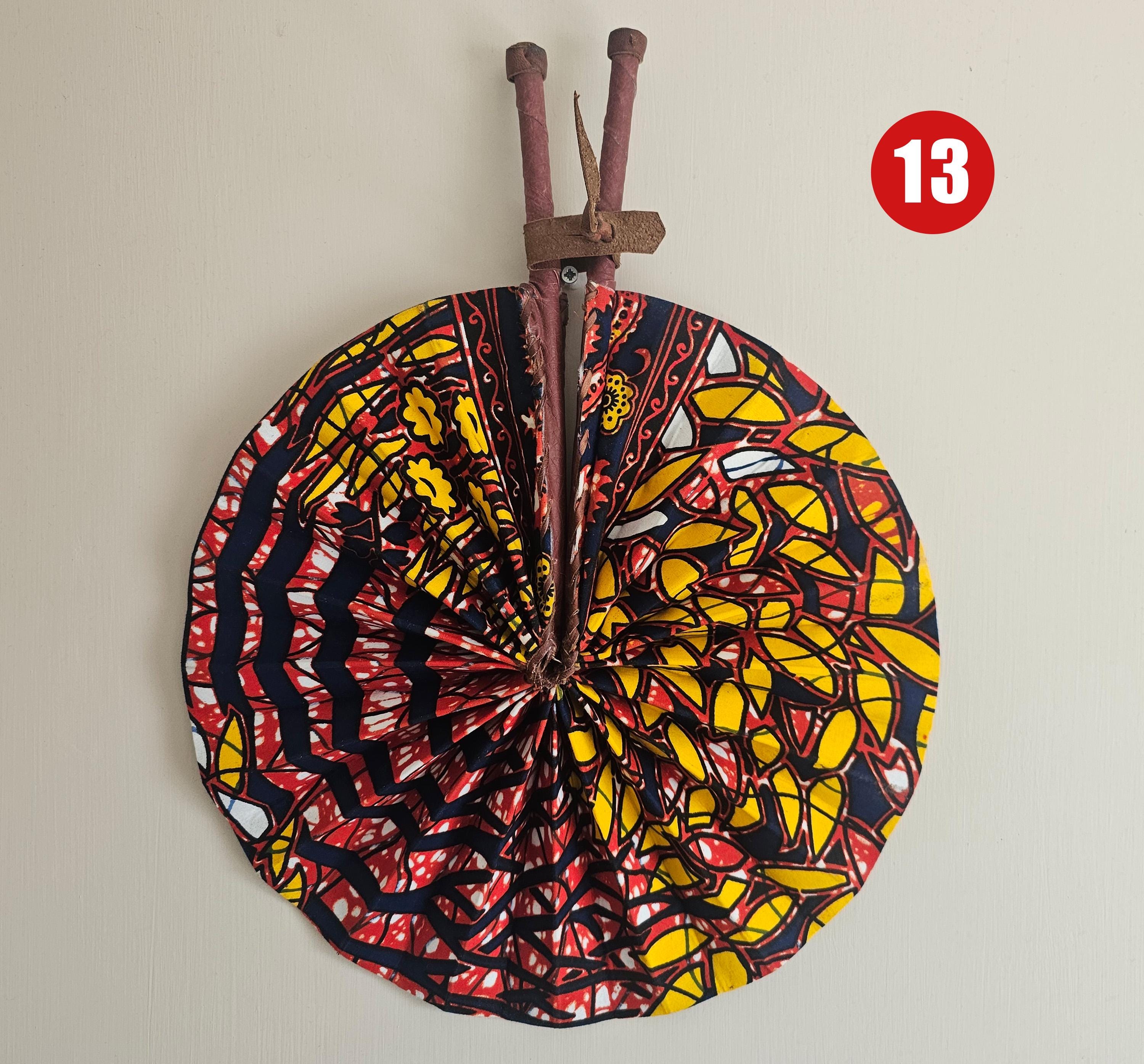 Foldable Ankara Fan 13, Kente Fan, Folding Fan, African Print Fabric Handheld Fan, Portable Fan with Leather Handle, Handmade in Ghana