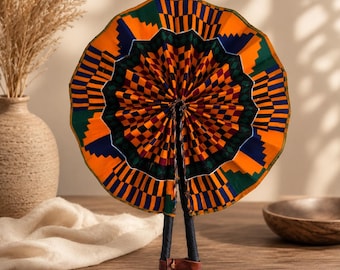 Ankara Folding Fan: African Print Fabric with Leather Handle