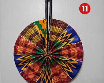 Foldable Ankara Fan 11, Kente Fan, Folding Fan, African Print Fabric Handheld Fan, Portable Fan with Leather Handle, Handmade in Ghana