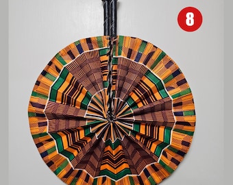 Foldable Ankara Fan 8, Kente Fan, Folding Fan, African Print Fabric Handheld Fan, Portable Fan with Leather Handle, Handmade in Ghana