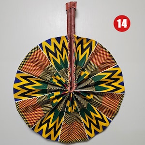 Ankara Fabric Folding Fan: Kente African Print with Leather Handle