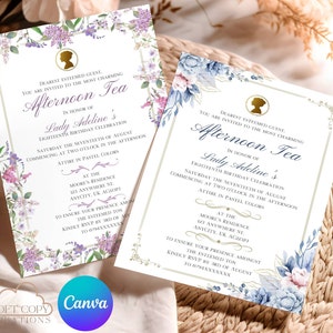2 Designs of Afternoon Tea Party, Blue and Purple Floral Invitations, Any Event Bridgerton Theme Party Invitations, Birthday Invitations