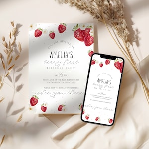 Berry First Birthday Invitation Template, Editable in Canva Template, Strawberry Theme Birthday Party Invitation, First Birthday