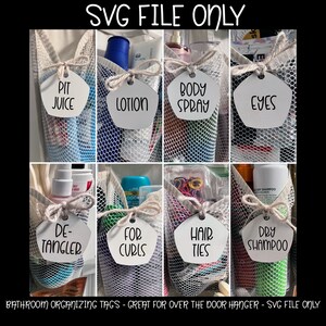 Bathroom Tags SVG | Glowforge Engraving File | Digital Download Labels for Bins & Over-the-Door Organizer Pockets | Home Organization SVG