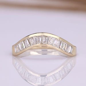 Baguette Cut Diamond Wedding Band - Channel Set Curved Ring - Yellow Gold Contour Bridal Stacking Band - Anniversary Gift for Her Wife