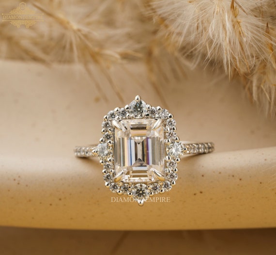 Vintage Style Ring Emerald Cut Colorless Moissanite Halo 2.51 - Etsy