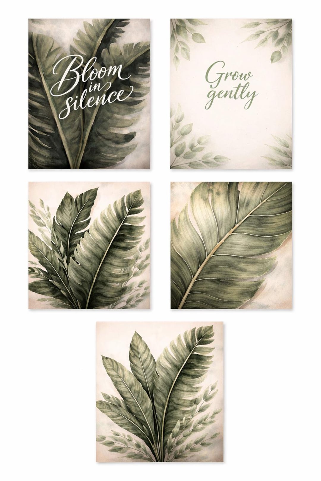 Botanical Wall Art Set of 5 Printable – Green Tropical Leaves, Neutral ...