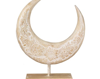 Mond Skulptur Mandala Zeichen Figur Relief Deko Holz Mondsichel auf Sockel mittel ca. 38 cm