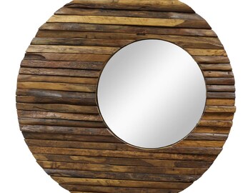 Könnte beinhalten: Runder Holzspiegel mit natürlicher Holzoptik. Der Spiegel ist mit einer dicken Schicht aus Holzlatten gerahmt, die in einem kreisförmigen Muster angeordnet sind.