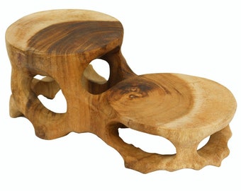 Set of 2 natural root teak stools, flower stool, wooden stool, approx. 32 cm long, artificial natural wood teak, unique