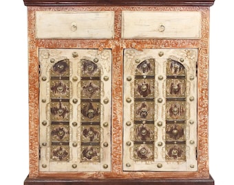 Indisches Shabby Chick Sideboard mit antiken Türen 90 cm Massivholz, Kommode Schrank