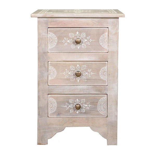 Bedside table Indian nightstand made of mango wood with three drawers Oriental bedroom natural white 60 cm