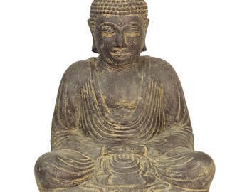 Japan Buddha Figur sitzend Skulptur Lotussitz Meditationsgeste Stein Lavasand Bali Steinfigur Garten Deko 20 cm