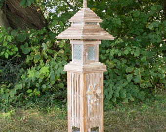 Traditionelle Thai Haus Pagode  Asia asiatische Deko Holz Orient Zen Garten Deko aus Teakholz gekalkt mit Standfuß 134 cm