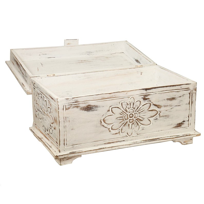 Truhe Holzkiste Holztruhe Schatztruhe Kiste Box Palmenholz Holzbox Blumen Schnitzereien Shabby Used Look Weiß Mittel 50 cm Bild 2