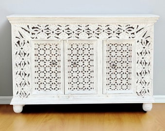 Sideboard Manisha indische Kommode aus Mangoholz mit Schnitzerei Oriental Schlafzimmer Weiß Whitewash 150 cm