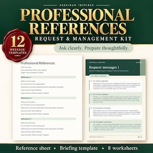 May include: A digital kit titled Shekinah Inspires Professional References Request & Management Kit. It includes 12 message templates, a reference sheet, and 8 worksheets. The design features gold text on a dark green background.