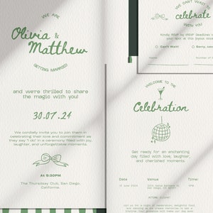 May include: A wedding invitation with green and white stripes. The invitation is for Olivia and Matthew, who are getting married on July 30, 2024. The invitation includes the date, time, and location of the wedding.