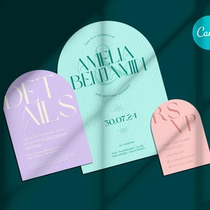 Bogen Hochzeitseinladung Vorlage in Canva. Cricut freundlich. Minimale Bogenform. Moderne Luxusästhetik. Gestalten Sie Ihre eigenen Hochzeitseinladungen.