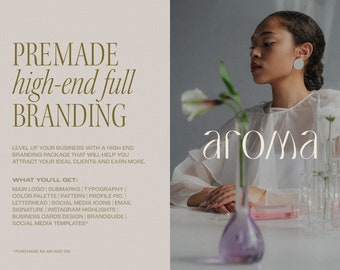 May include: A beige and white graphic design template for a branding package. The text "PREMADE high-end full BRANDING" is in a gold font. The text "LEVEL UP YOUR BUSINESS WITH A HIGH-END BRANDING PACKAGE THAT WILL HELP YOU ATTRACT YOUR IDEAL CLIENTS AND EARN MORE." is in a smaller gold font. The text "WHAT YOU'LL GET:" is in a gold font. The text "MAIN LOGO | SUBMARKS | TYPOGRAPHY | COLOR PALETTE | PATTERN | PROFILE PIC. | LETTERHEAD | SOCIAL MEDIA ICONS | EMAIL SIGNATURE | INSTAGRAM HIGHLIGHTS | BUSINESS CARDS DESIGN | BRANDGUIDE | SOCIAL MEDIA TEMPLATES*" is in a smaller gold font. The text "*PURCHASE AS AN ADD ON" is in a smaller gold font. The image also includes a photo of a woman with a white blouse and a white flower in a vase. The text "aroma" is in a gold font.