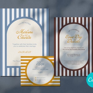Modèle personnalisable de faire-part de mariage chic à rayures sur toile - Facile à personnaliser pour un motif de lignes imprimé luxueux