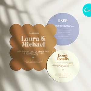 Modern Wedding Invitation template in Canva editor. Round stylish shape. Easy to customise. Contemporary, high-end, aesthetic wedding invite