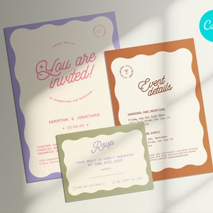 Retro curve customizable Wedding Invitation, Details card and RSVP card template in Canva. Easy to custom.  DIY. Wedding Invite