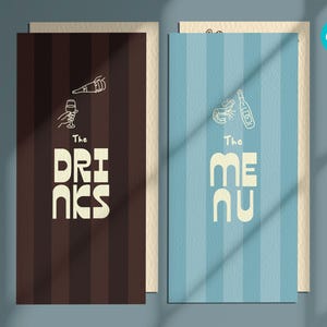 May include: Two menu cards with vertical stripes. One is brown with "The Drinks" in large white letters and illustrations of a wine bottle and glass. The other is blue with "The Menu" and illustrations of a bottle and shrimp.