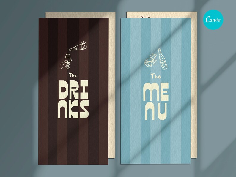 May include: Two menu cards with vertical stripes. One is brown with "The Drinks" in large white letters and illustrations of a wine bottle and glass. The other is blue with "The Menu" and illustrations of a bottle and shrimp.