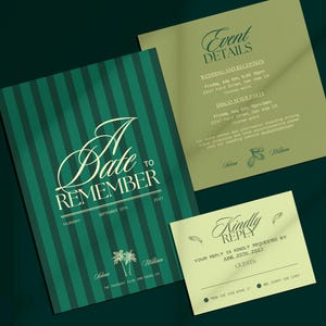 Hochzeitseinladungsvorlage mit grünen Streifen - Art Deco Retro Canva Invite Set - Elegante moderne Antwortkarte - Cocktail-Thema zum Ausdrucken