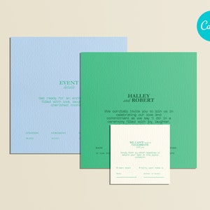 Colorful squared customizable Wedding Invitation event details RSVP template in Canva. Modern luxury minimal. Design cards. Wedding Invite