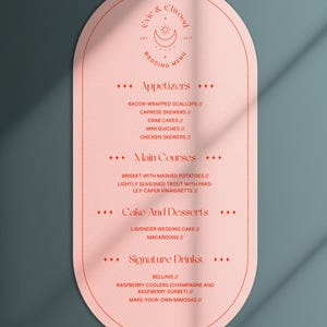 Menu di nozze personalizzato da sogno per creativi e studi di design in Canva. Forma ovale minimale. Fai da te. Estetica moderna di lusso. Cricut friendly