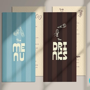Può includere: Design di menu e lista bevande per ristoranti. Il menu presenta uno sfondo a righe blu con la parola "MENU" e illustrazioni di cibo. La lista delle bevande ha uno sfondo a righe marroni con la parola "DRINKS" e illustrazioni di bevande.