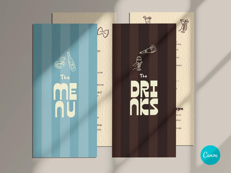 May include: Restaurant menu and drinks list design. The menu features a blue striped background with the word "MENU" and food illustrations. The drinks list has a brown striped background with the word "DRINKS" and drink illustrations.