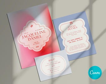 Boho Wedding Invitation Template: Gradient Event & RSVP Card (Canva DIY)