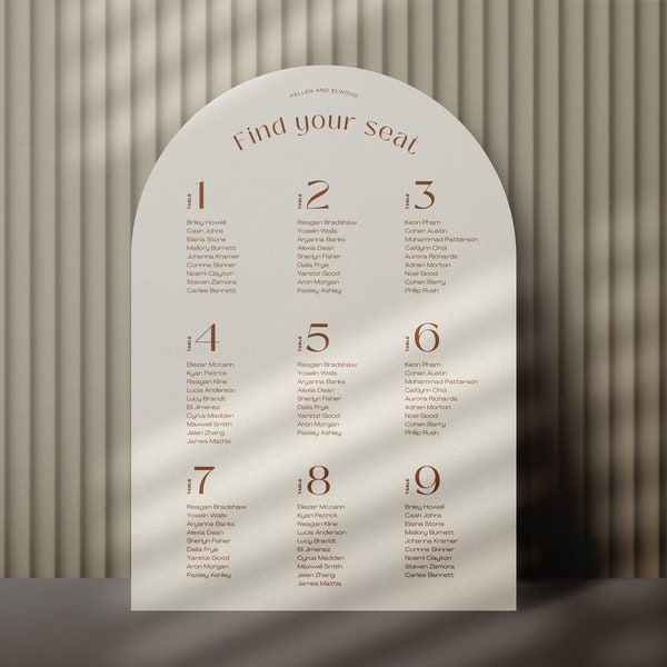 Dreamy custom Wedding Seating Chart template in Canva. Minimal arch shape. Easy to customise. Boho luxury aesthetic.
