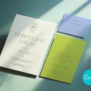Plantilla de invitación de boda bohemia para Canva. Fácil de personalizar. Logotipo de palmera. Tarjeta de evento y RSVP. Estética moderna de lujo. Colorido. Bricolaje